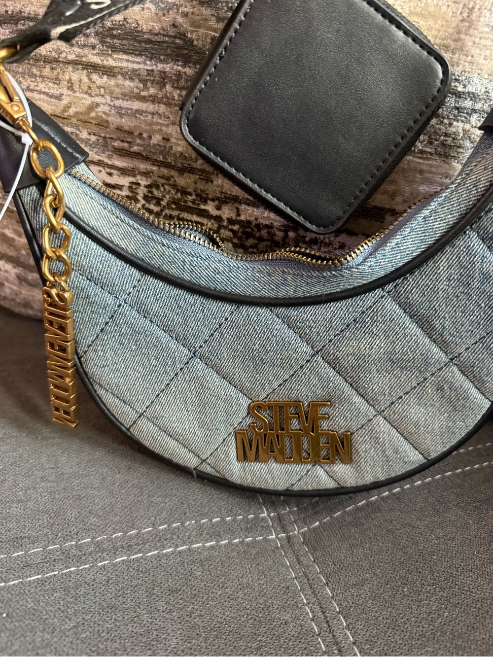 Steve Madden Quilted Denim Crescent Shoulder Bag in Blue with Gold Hardware